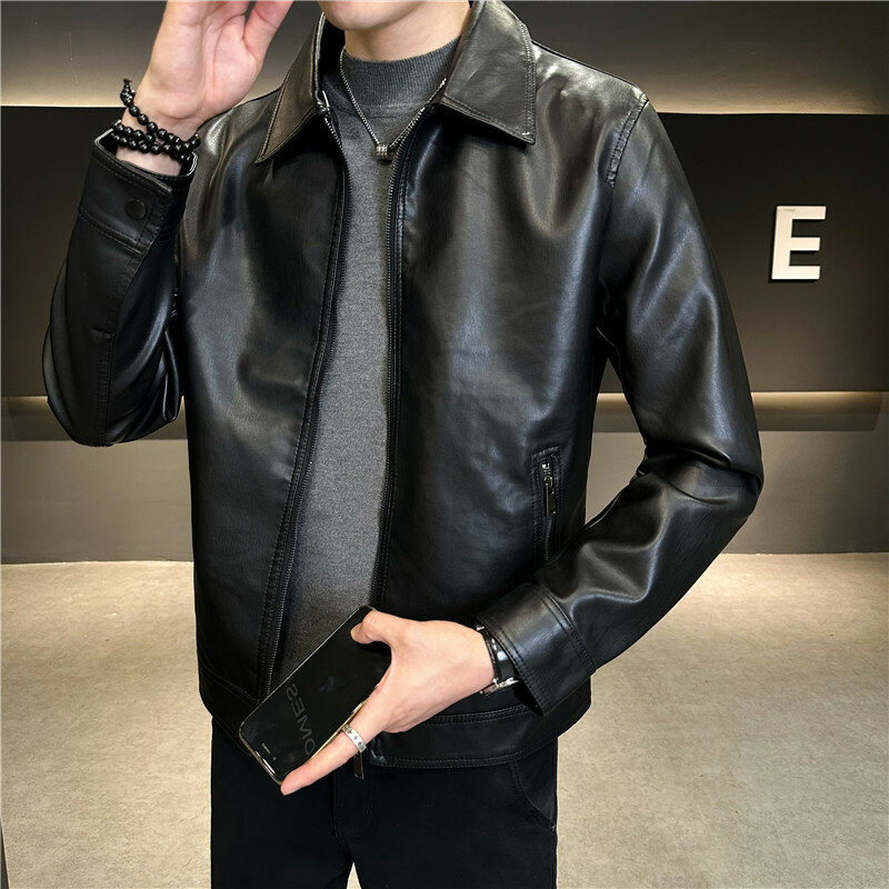 Jaket kulit hitam pria, gaya Korea dengan kerah rebah longgar dan desain motor-pakaian luar desainer unik pria