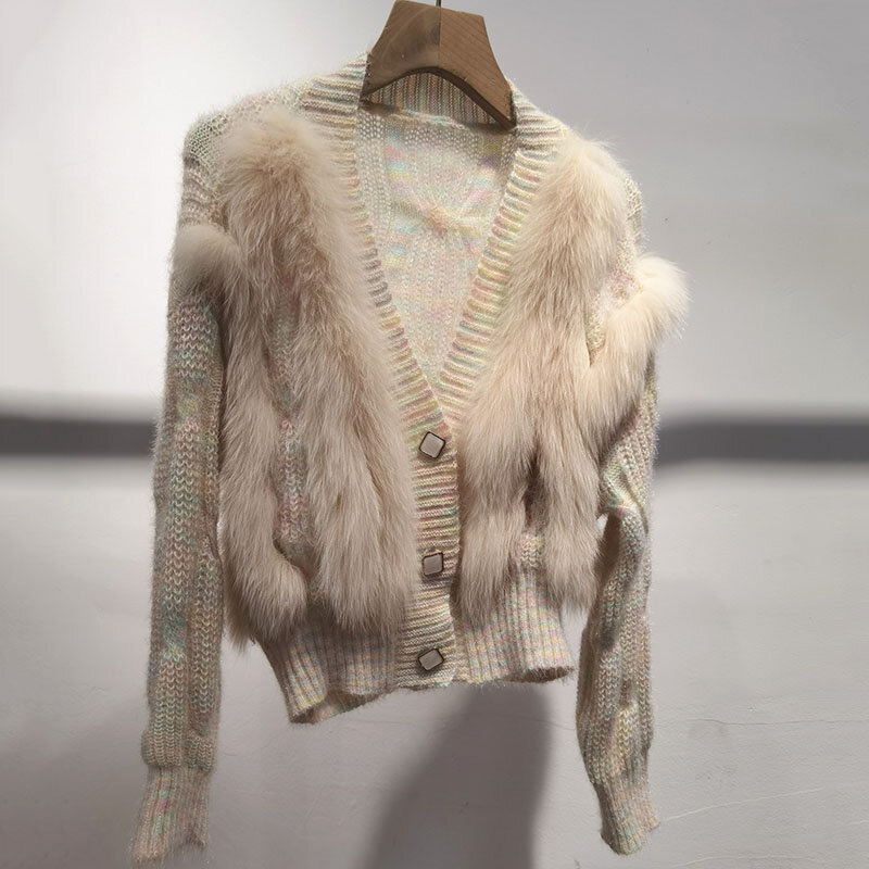Cardigã curto de malha com pele de raposa real para mulheres, suéter casual, casaco quente, casaco feminino, manga comprida, genuíno, outono