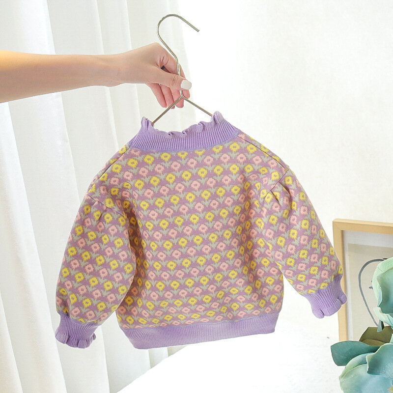 Cute Children Girls Sweaters Fashion Floral Print Ruffle Collar Long Sleeve Knitted Pullovers Autumn Winter Kids Thermal Tops