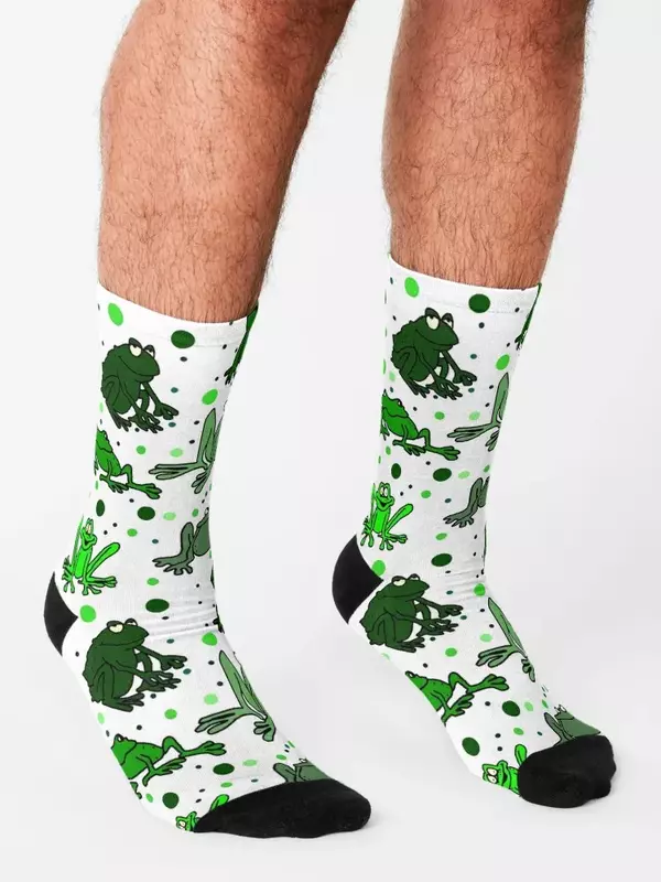 Забавные носки с зеленой лягушкой из мультфильма с белым фоном для гольфа Профессиональные дизайнерские мужские носки для бега женские