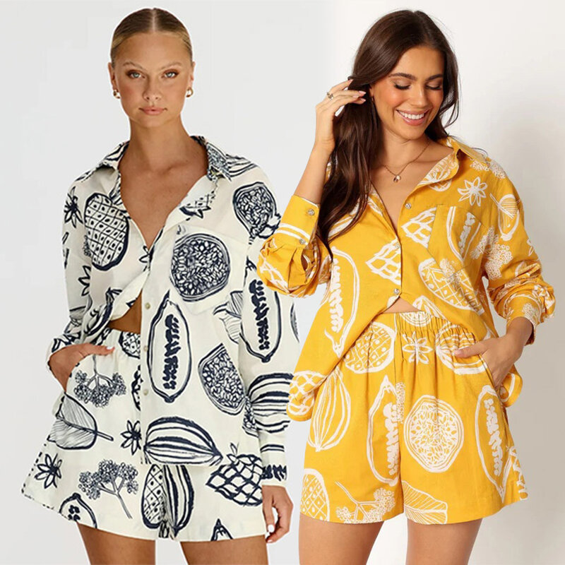 Summer Printed Two Piece Set Women's New Long Sleeve Single Breasted Shirt Shorts Suit Fashion Party Beach Vacation Casual Suit