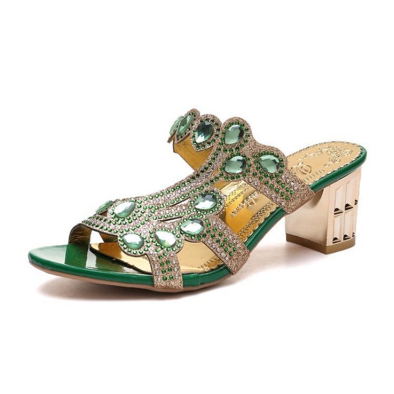 Sandalias con diamantes de agua para mujer, zapatos de tacón grueso, zapatillas de tacón alto, talla grande, novedad de verano