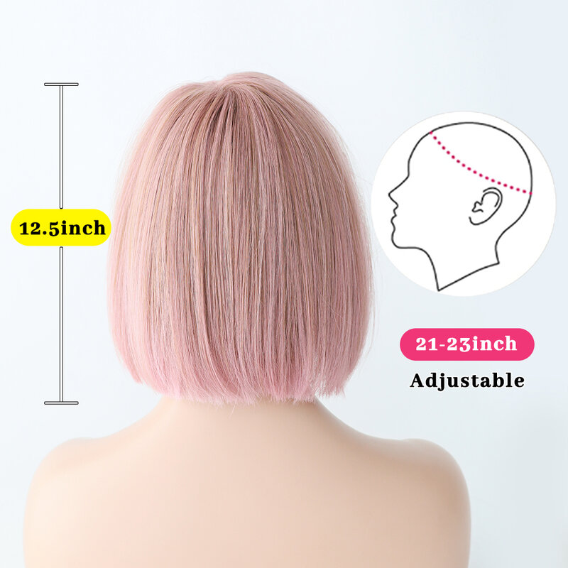 Strawberry Pink Short Straight Hair Bob Wig with Bangs Women Wig Heat Resistant Synthetic Wigs Cosplay Lolita Party Daily Use