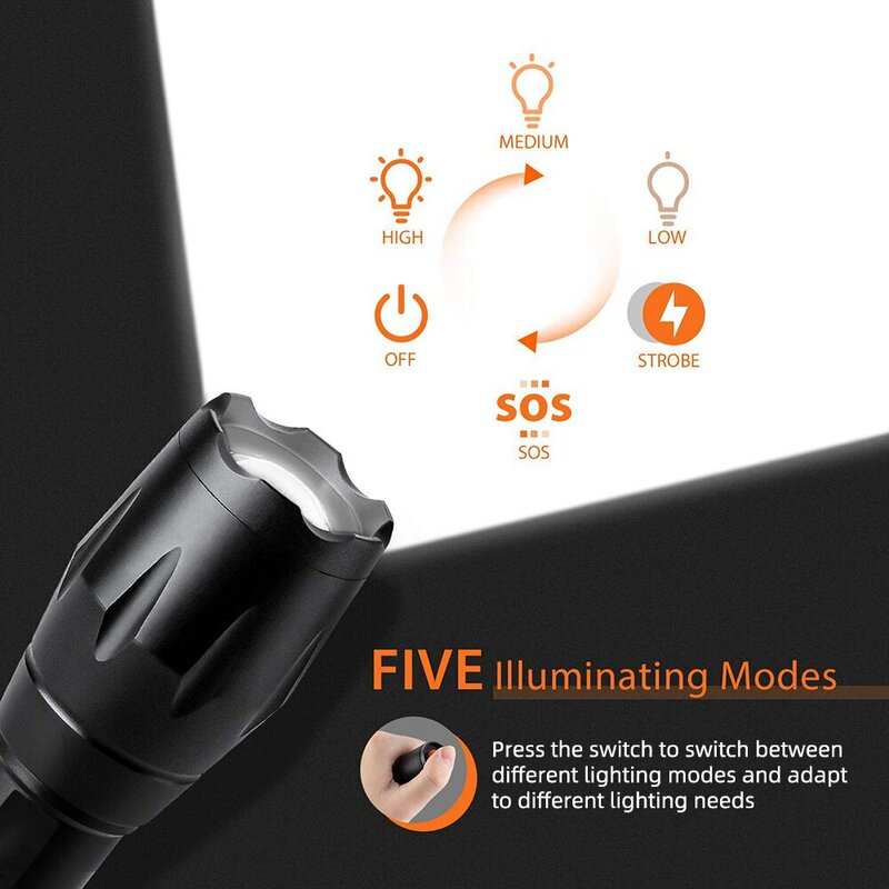 고출력 LED 손전등 캠핑 토치, 알루미늄 합금 줌 가능 조명, 방수 소재, 5 가지 조명 모드, 3 AAA 배터리 사용