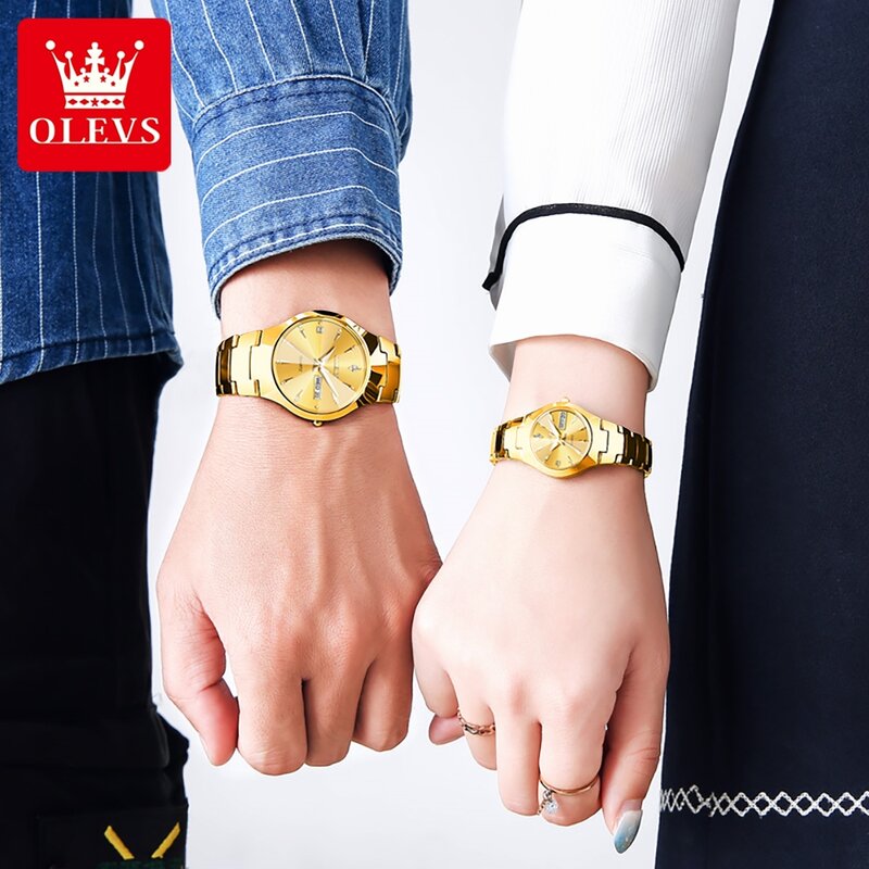 OLEVS 8697 Couple Watch Quartz Rhombus Mirror Quartz Watch for Lovers Waterproof Luminous Stainless Steel Wristwatch Date Week