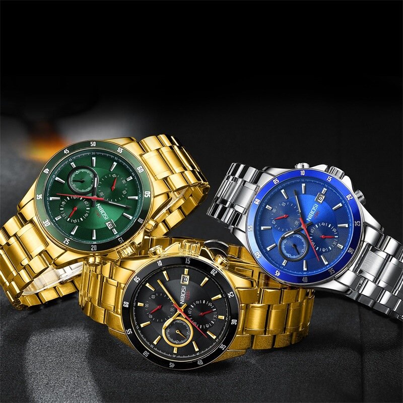 NIBOSI Fashion Chronograph Quartz Watch Men Stainless Steel Waterproof Luminous Calendar Luxury Watches Men Relogio Masculino