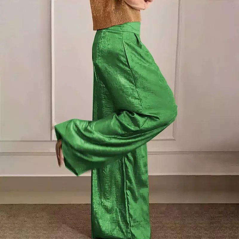 Calça casual de cor metálica vintage feminina, cintura alta, calça reta solta, bolso de verão, calça de perna larga, moda Harajuku, primavera