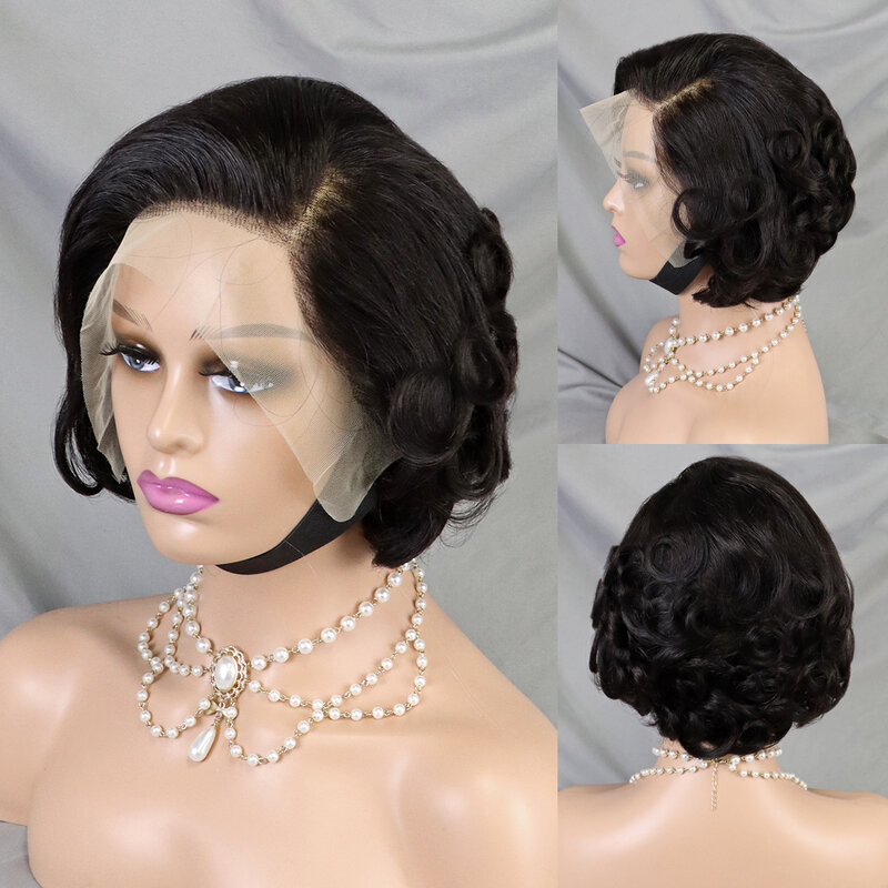 Peluca de cabello humano con corte pixie para mujeres negras, pelo corto Bob 13x4 con encaje Frontal transparente, 13x4