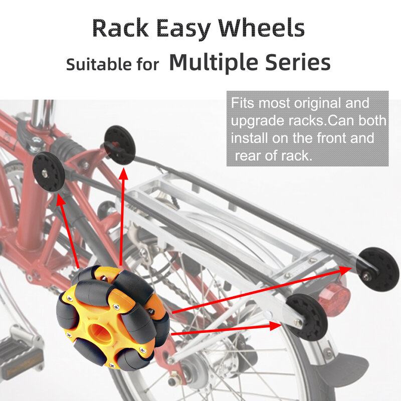 Fácil Omni Rodas para Brompton, Acessórios de Bicicleta Dobrável, Roller Rack Rodas com Rolamento, Parafusos M6 x 60mm, Carga 10kg, 58mm, 2Pcs