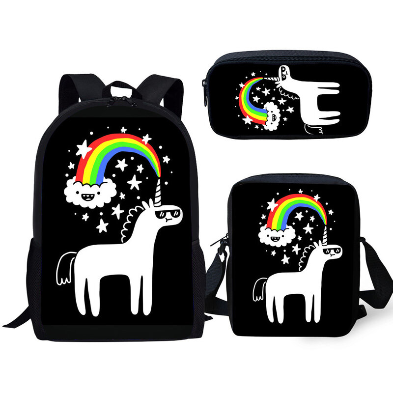 Unicórnio arco-íris sacos escolares para aluno, impressão 3D, mochila para laptop, mochila, bolsa de ombro inclinado, estojo de lápis, clássico, 3 peças por conjunto