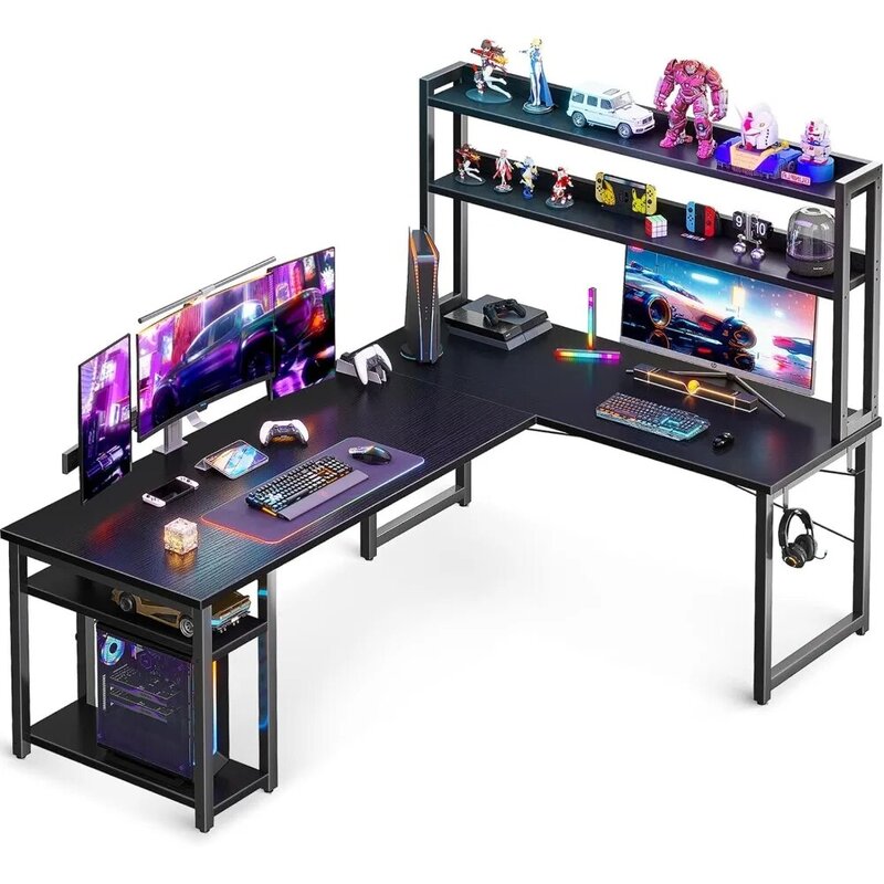 L Shaped Gaming Desk with Hutch, Computer Desk with Storage Shelves, 66" L Shaped Desk for Home Office