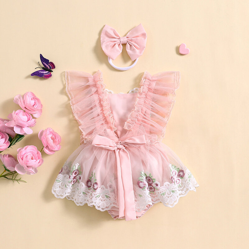 꽃 자수 프릴 롬퍼 레이스 트림 바디 수트, 원피스 머리띠 의상, 유아 아기 소녀
