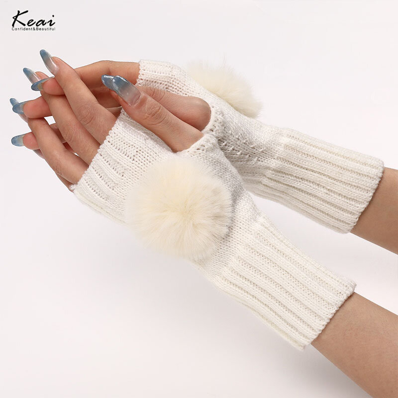 Winter Fluffy Ball Fingerless Knitted Gloves Women Warmer Fashion Soft High Elasticity Short Mitt Casual Girls Crochet Glove