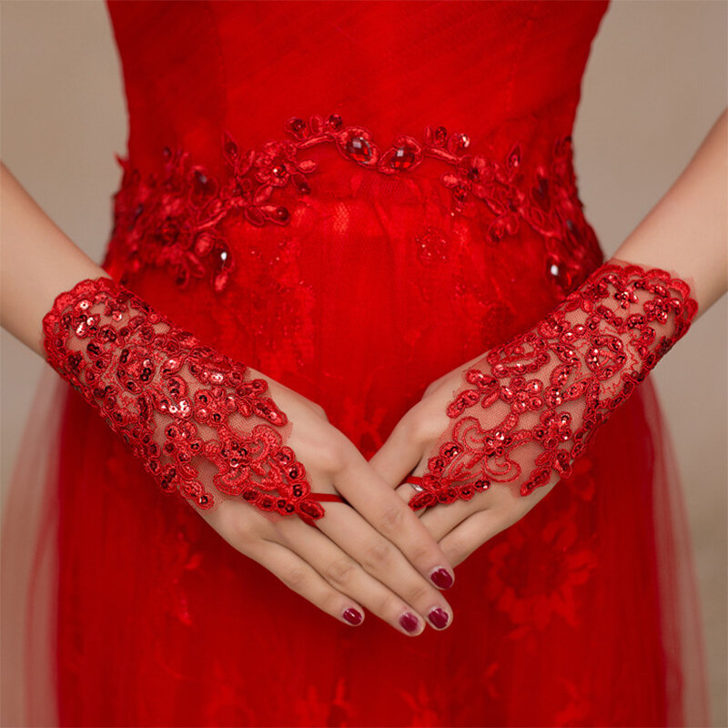 Sarung tangan pengantin berlian imitasi tanpa jari renda paragraf pendek elegan untuk Aksesori seksi pesta pernikahan