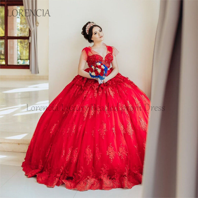 Abito Quinceanera rosso con spalle scoperte dolce 16 15 abiti da ballo Appliques con perline paillettes Princess Vestidos De 15