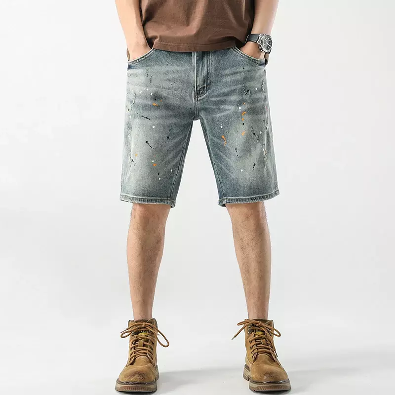 Shorts jeans esticados estampados para homens, estilo punk streetwear, jeans de motocicleta para menino, azul claro, pintado, verão, 2024