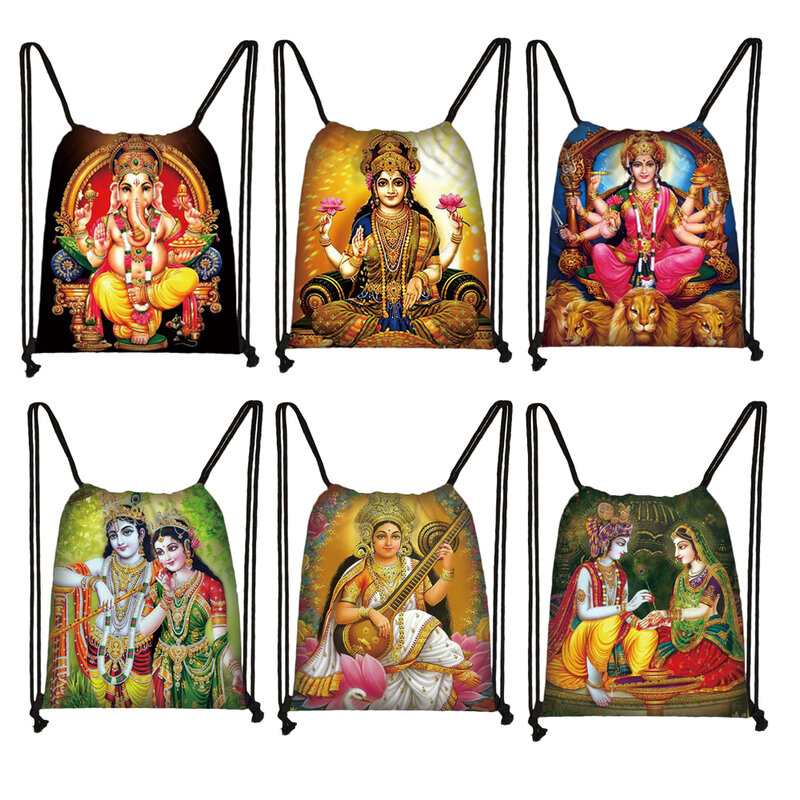 Deuses indianos Vishnu Brahma e Shiva Drawstring Bag para mulheres, Radha, Krishna, Krishna, Ganoha, Ganapati, mochila, sapatos titular, presente de viagem