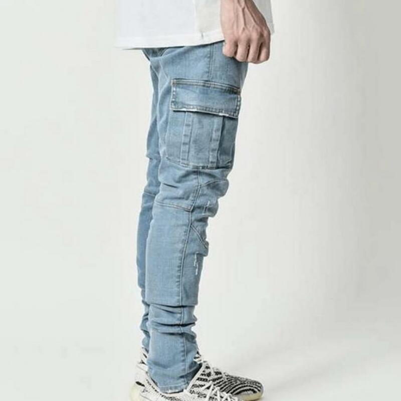 Street Elastic Jeans Men Denim Cargo Pants Wash Solid Color Multi Pockets Casual Mid Waist Trousers Slim Fit Daily Wear Joggers