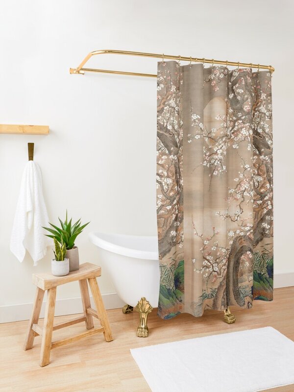 Cortina de ducha japonesa con flores de ciruelo en la luz de la Luna, ducha de Anime, ducha de baño, cortina de ducha