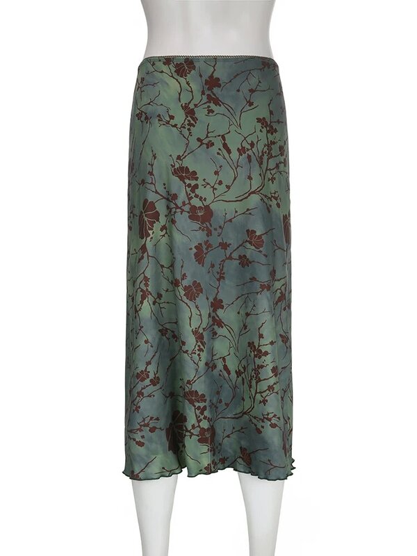 Винтажная длинная юбка HEYounGIRL, зеленая Женская юбка с цветочным принтом Y2K, высокая уличная мода, элегантная юбка до середины икры, Осень-зима 2023