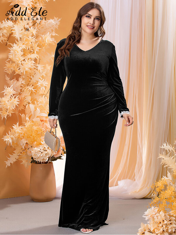 Add Elegant Plus Size 2022 Autumn Women's Pencil Dress V Neck Cuff Paneled Lace Solid Female Clothes Floor-Length Dresses B712