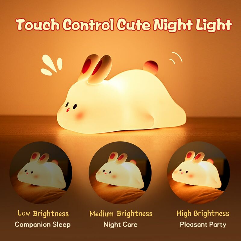 Bonito LED Cartoon Night Light com Sensor de Toque, Big Face Rabbit Nightlights, Silicone Night Light, Abajur Lamp, Presente de Natal para criança