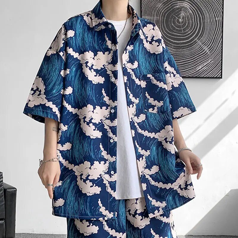 Elegancka moda Harajuku Slim Fit Ropa Hombre luźna odzież wierzchnia z nadrukiem na guziki z krótkim rękawem Blusa