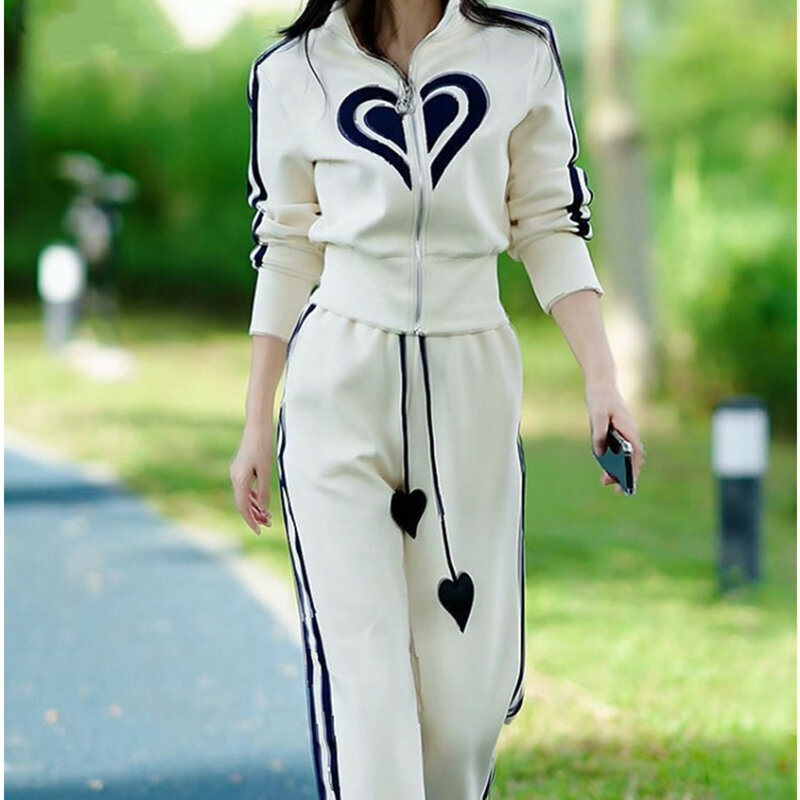 Spring New High Quality Stand Up Neck Zipper Top Coat Wide Leg Pants Two Piece Fashion Casual Sports Set for Women
