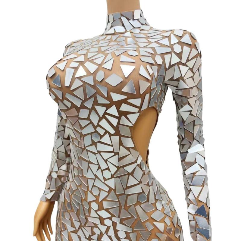 Shining Silver Mirrors Cut-out Dress Women Sexy Transparent Long Sleeves Birthday Celebrate Dress Outfit Prom Party Wear Luyao
