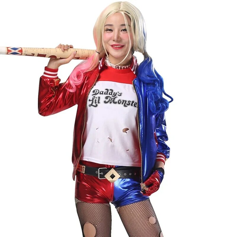 Disfraz de Quinn para niños y adultos, camiseta con peluca, chaqueta del Joker, accesorios para guantes de Halloween