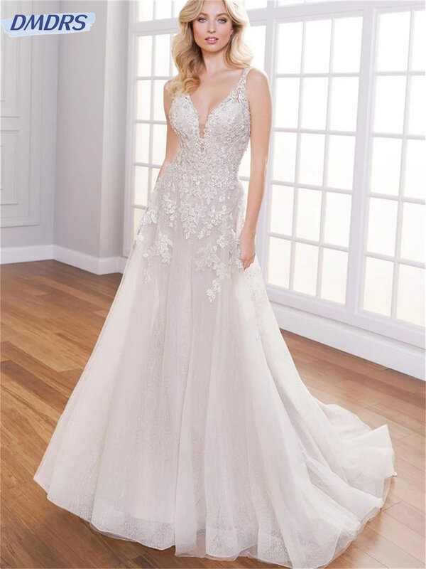 Sexy Deep V Neck Bridal Dress 2024 Classic Lace Wedding Dress Romantic A-Line Floor-length Dress Vestidos De Novia