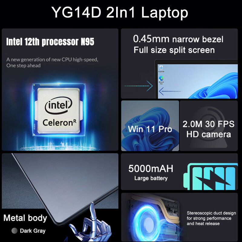 Crelander Dual Sceen Laptop 14 14 Zoll 2k Touchscreen Notebook Intel N95 CPU 360 Grad Flip Metall gehäuse 2 in 1 Laptop