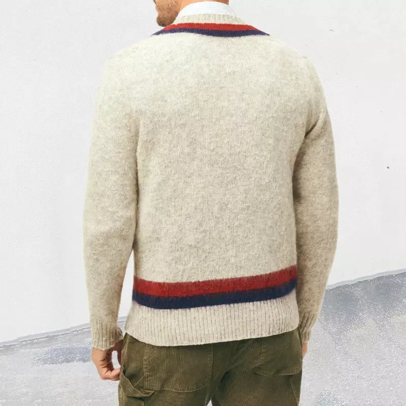 Fashion sweter rajut pria leher V, atasan Jumper rajut lengan panjang kasual leher V Jacquard bergaris, Sweater Vintage musim gugur untuk pria