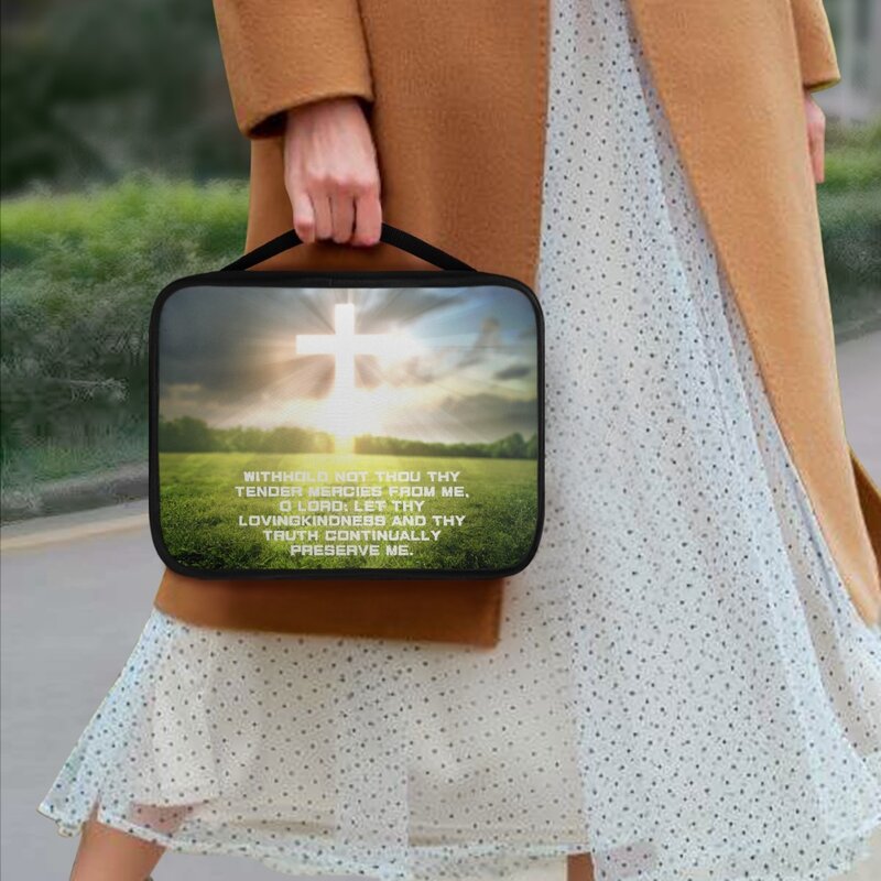 손잡이와 지퍼가 달린 녹색 반투명 십자가 잔디 절묘한 패턴, 포켓 기독교 성서 커버, 여성용 휴대용 핸드백