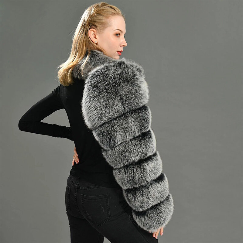 Pakaian hangat musim dingin 2023 mantel bulu sintetis rubah perak Atasan Wanita jaket bulu cerpelai hangat satu bahu lengan panjang