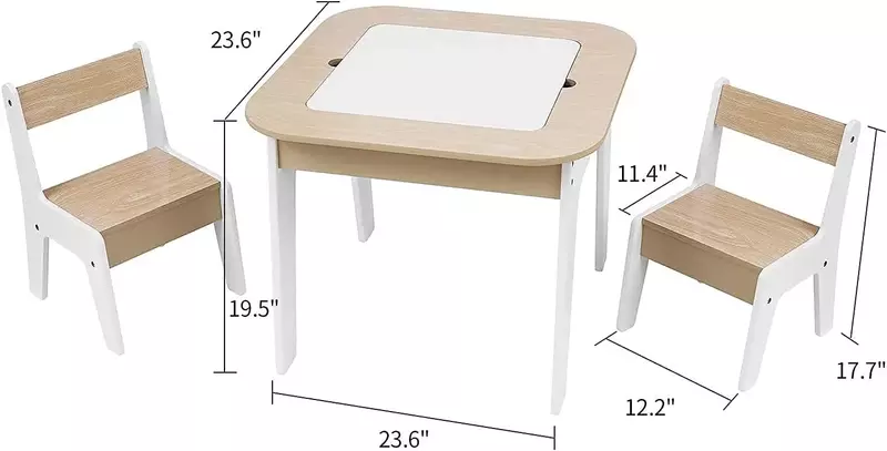 Aufbewahrung tisch und Stühle aus Holz, weiß, 3-teiliges Set, ideal für das Lernen, den Aktivität tisch oder das Essen von Kindern
