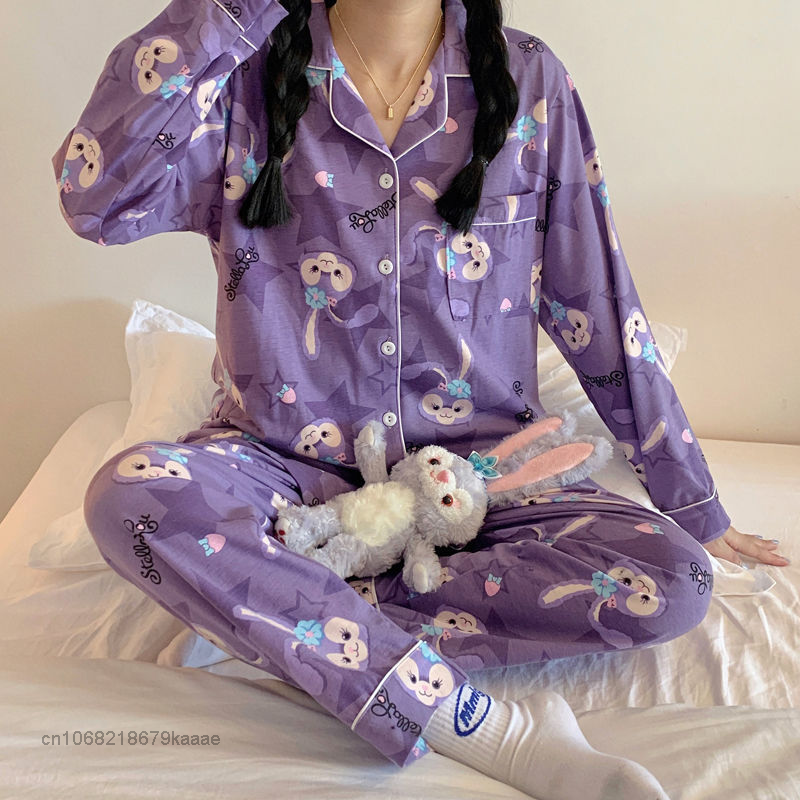 Disney Cartoon StellaLou Purple Home Clothes Spring Pajamas Set Cardigan Tops Wide Leg Pants 2 Piece Women Soft Sleepwear Suits
