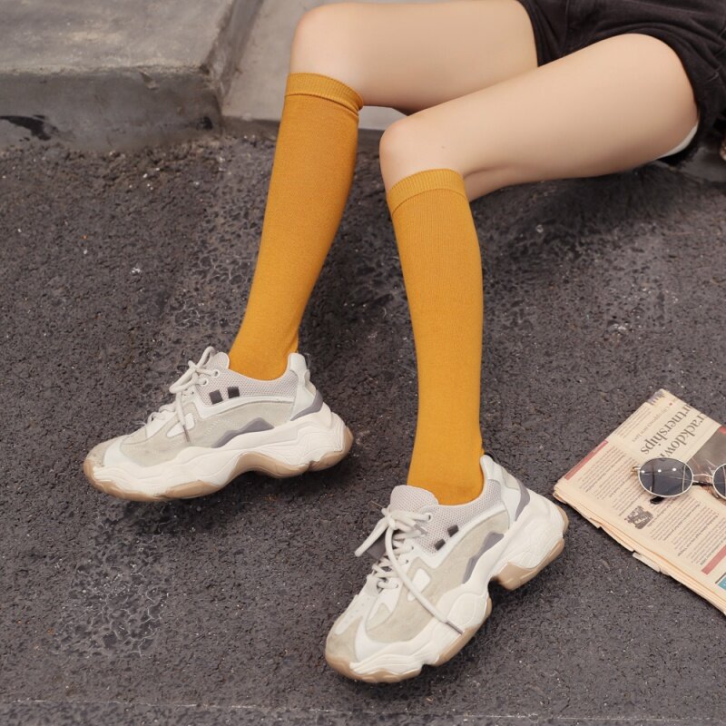 's Thigh High Knee Length Bunching Cotton Middle Tube Calf Long Women's Socks Solid Color Th