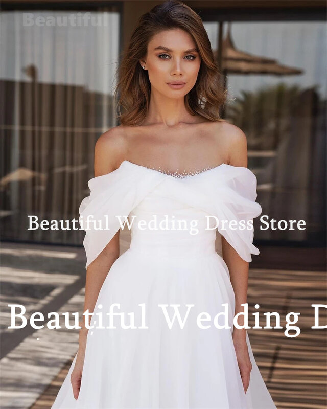 New White Women Wedding Dress Sheer O-Neck Beads Appliques A-Line Floor-Length Vestidos de novia 2024 Bridal Gown robe de mariée