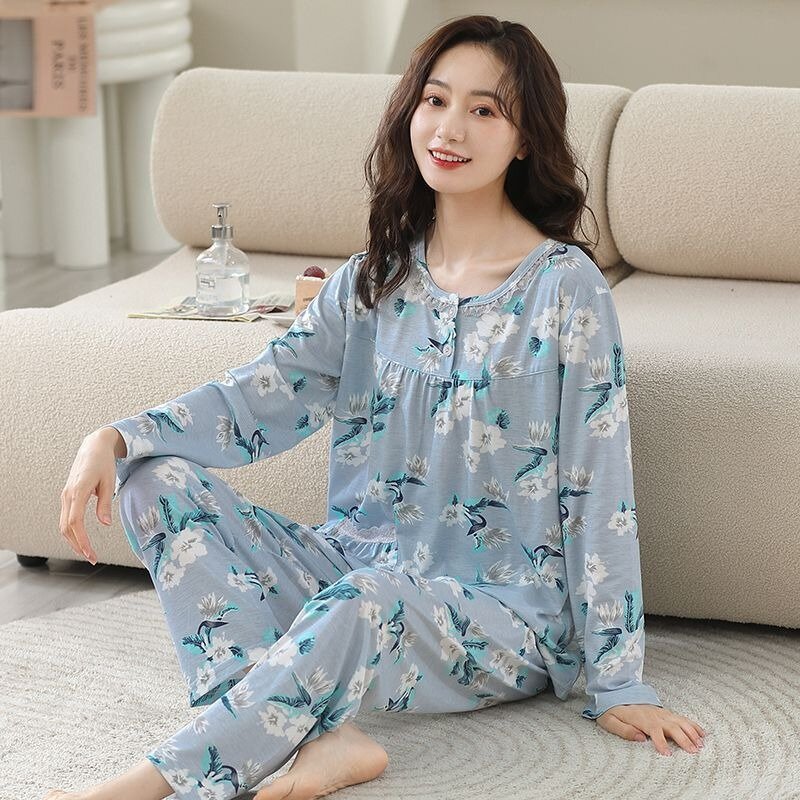 Conjunto de pijama holgado para mujer, ropa de dormir de manga larga, de algodón y seda, para el hogar, de mediana edad y ancianos, para primavera y otoño, novedad de 2024
