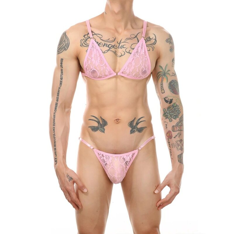 Mens Sissy Sexy Erotic Lace Bra Underwear Lingerie Briefs Underpants Adjustable Bra Temptation Transparent Male Bra Sets