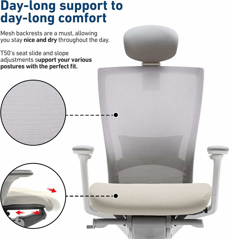 홈 오피스 의자: 고성능, 조절 가능한 머리 받침대, 2-허리 지지대, 3-팔걸이, 앞으로 기울임, 좌석 깊이 조절