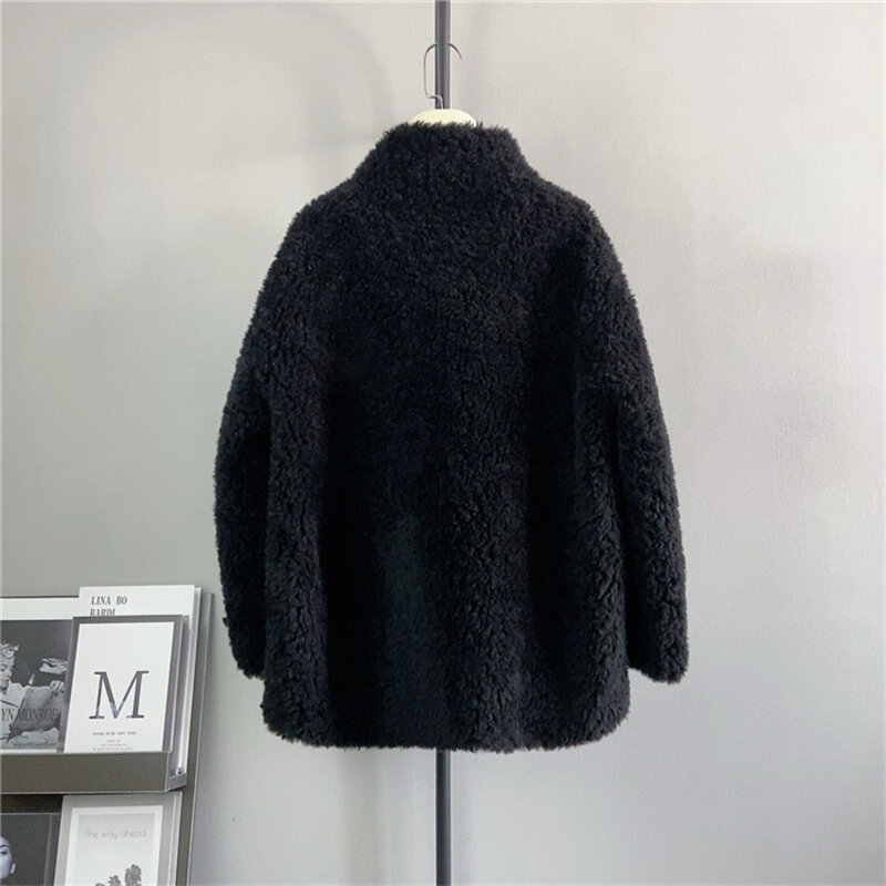 PT437 Female Sheep Shearling Jacket Croco Button Winter High-grade Fashion Thickened Real Wool Warm Coat
