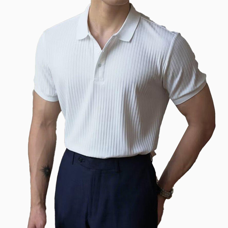 T-shirt masculina de algodão com botão, roupas masculinas, manga curta, com lapela e botão, feita de poliéster, para namoro, novo, l-3xl, 1 parte