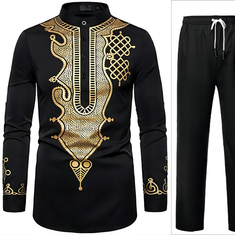 Męski afrykański kombinezon brązujący Top i spodnie 2-częściowy zestaw pakistański islamska odzież męska muzułmańska odzież męska
