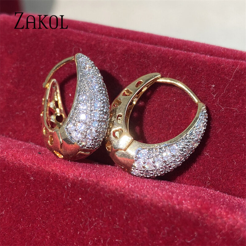 ZAKOL Luxury Gold Color U orecchini a cerchio per le donne moda Double Sided Cubic Zirconia Micro intarsio orecchino INS gioielli per feste
