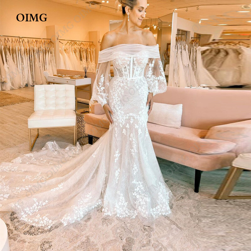 OIMG gaun pernikahan renda Tulle, gaun pengantin klasik 2024 bahu terbuka elegan panjang lantai