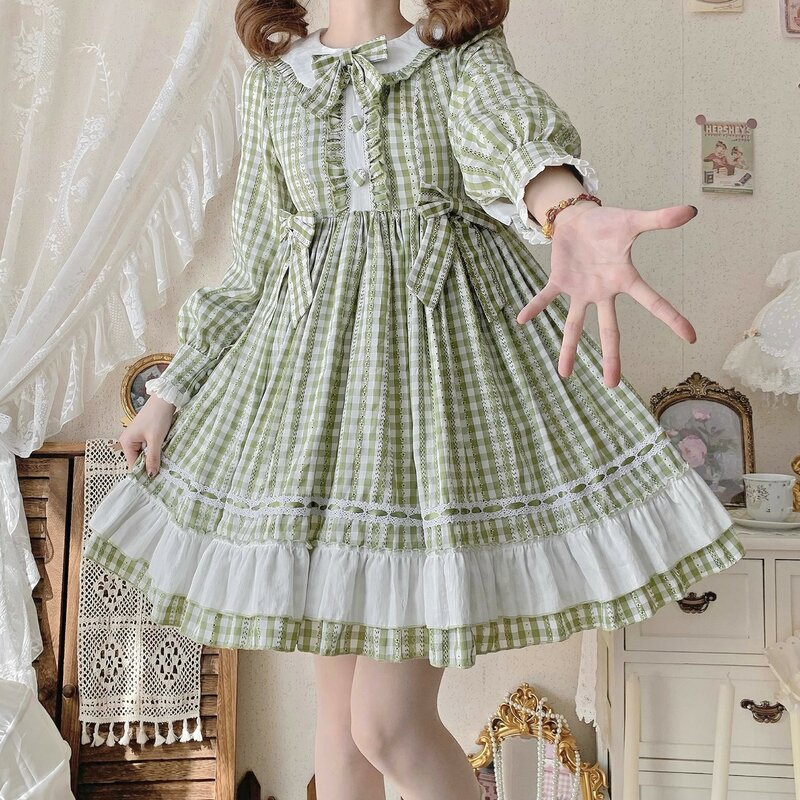 Lolita Kawaii sukienka kobiety w stylu Vintage idylliczne bawełniana w kratę z długim rękawem OP sukienka jesień wiosna Cosplay ładna dziewczyna urocza sukienka