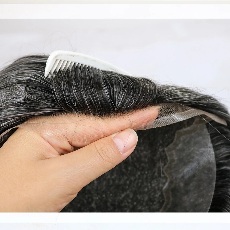 Swiss Lace PU Base peruca para homens, Toupee, cabelo humano, peruca masculina, substituição do cabelo unidade do sistema, linha fina invisível, Q6