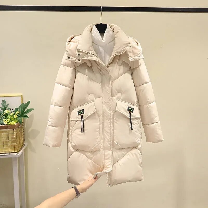 Jaqueta comprida de algodão com capuz para mulheres, parka quente, casaco feminino, sobretudo, outwear, inverno, 2023